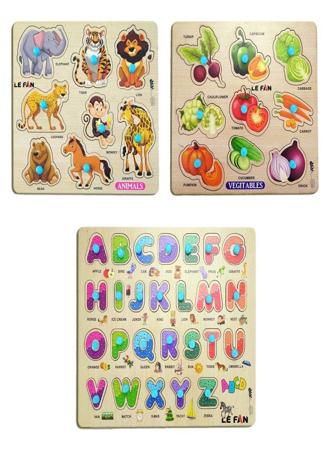 Lefan® Kids Fort Pre Nursery Educational Jigsaw Puzzles for Adults Kids Learning Toys Kit Board Game 3 pcs Set of Animals Alphabets & Vegetables Educational Toy - Image 1